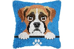 veirousa Boxer Puppy Latch Hook Kits for Adults, Beginners DIY Crochet Pillow Kit Pre-Printed Pillowcase Hook and Latch Rug Kits Needlework Cushion Cover for Home Sofa Decoration 17x17 inch
