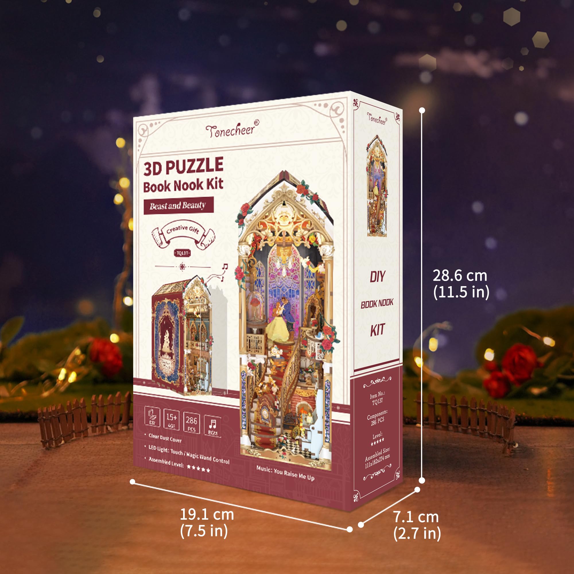 Tonecheer DIY Book Nook Kit for Adults, 3D Wooden Puzzle Music Booknook Miniature Dollhouse, Fairy Tale Bookend Bookshelf Decor with Dust Cover and LED Lights Gifts (Beast‌ and Beauty)