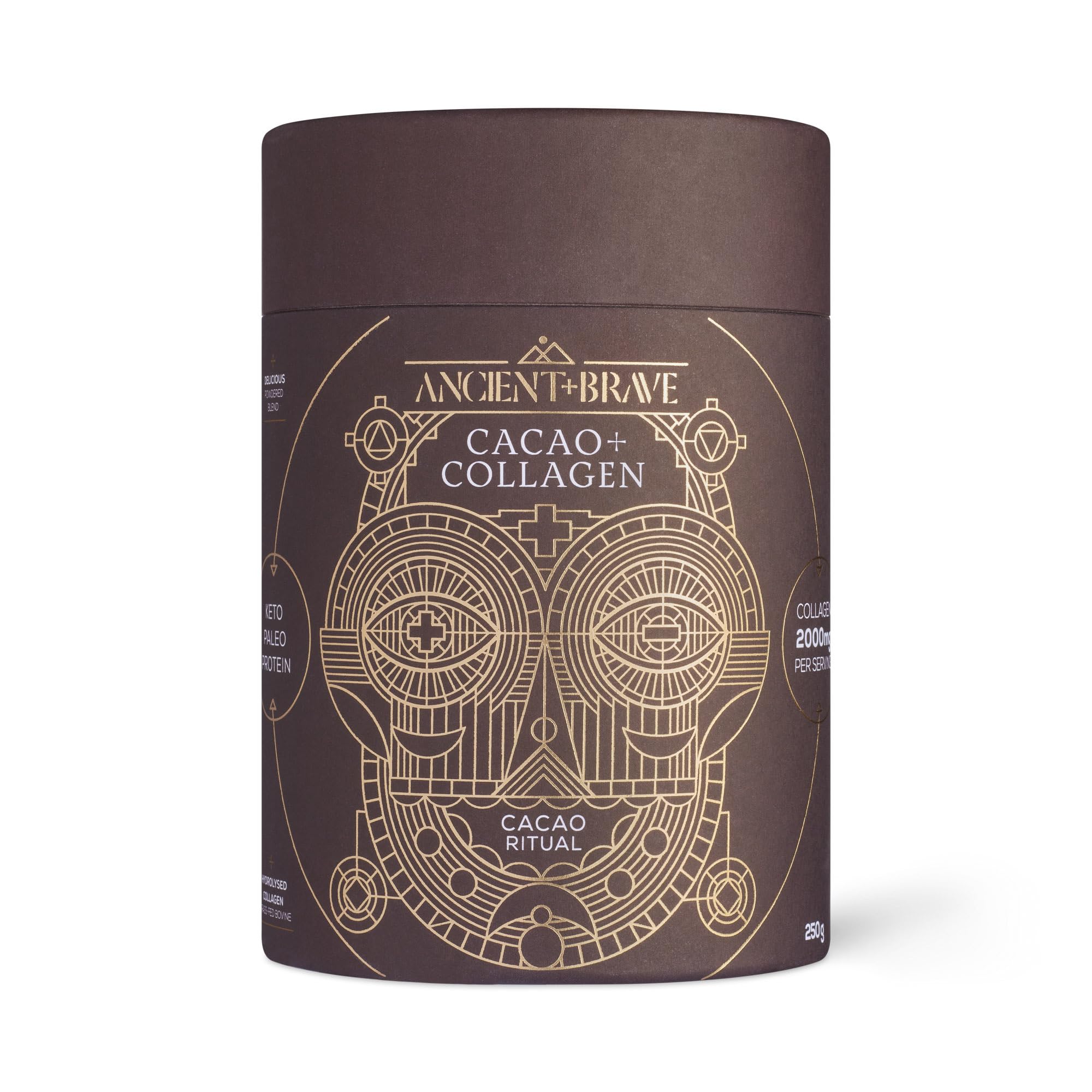 Ancient + Brave - Cacao + Collagen Powder 250g - Peruvian Raw Cacao Hot Chocolate with Hydrolysed Bovine Collagen - Premium Blend of Organic Cocoa, Ashwagandha & Baobab - High Protein, Keto