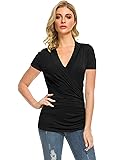 AfibiWomen's Deep V Neck Short Sleeve Unique Slim Fit Cross Wrap Shirts Blouse Tops