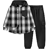 ADIRUN Toddler Boy Clothes Plaid Button Down Long Sleeve Hooded Shirt Tops Pants with Pockets 2Pcs Fall Winter Outfits 3-8Y