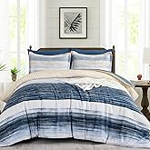 WONGS BEDDING Blue Comforter Set Queen Size, 7 Pieces Queen Bed in a Bag for All Season, Soft and Breathable Striped Bedding Set with Boho Comforter, Flat Sheet, Fitted Sheet, Pillowcases & Shams