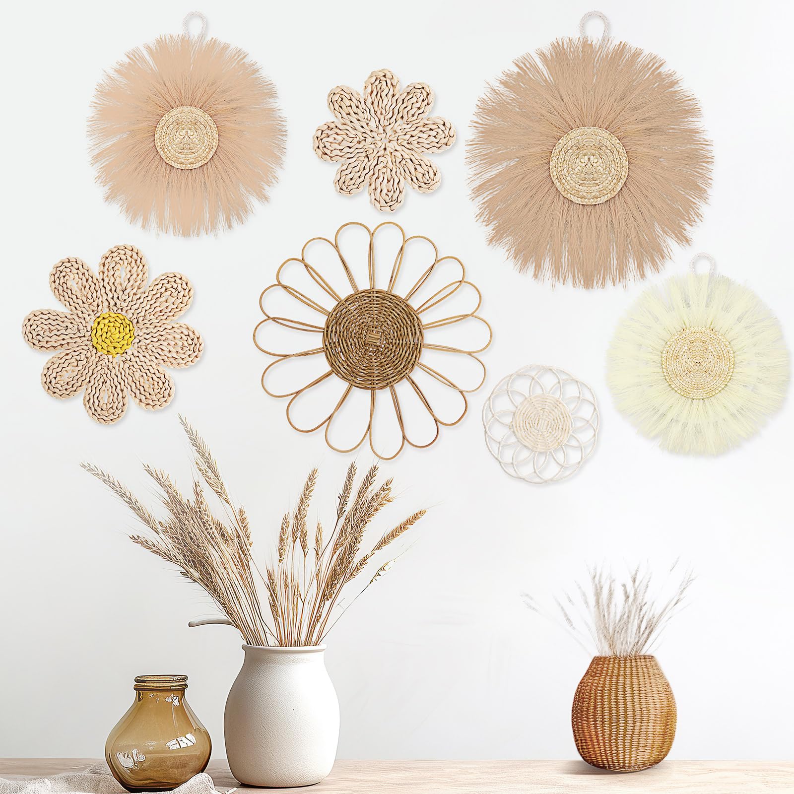 Chunful 7 Pcs Boho Wall Basket Decor Rattan Flower Wall Decor Nursery