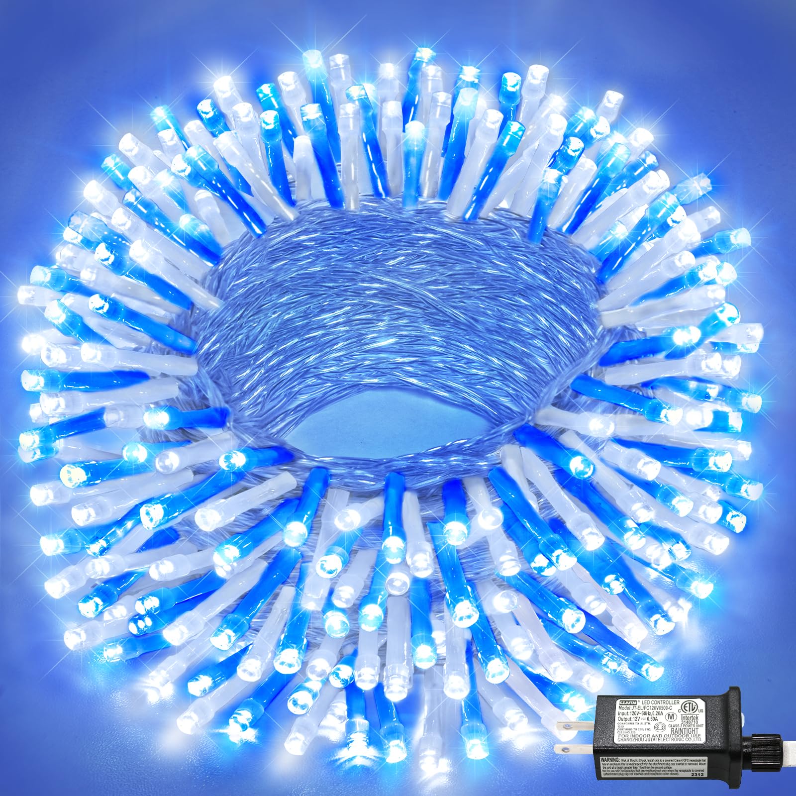 Photo 1 of 100FT 300 LED Outdoor String Lights, Connectable Christmas Lights Indoor Waterproof with 8 Modes, Plug in Twinkle Fairy Lights Clear Wire for Bedroom Home Wedding Patio Decorations, Blue and White