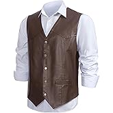 Giftdigger Men Western Cowboy Vest,Vintage Cowboy Suit Vest with Bolo Tie,Slim Wedding Vests,Faux Leather Casual Vest