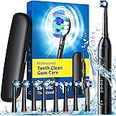 TEETHEORY Rotating Electric Toothbrush for Adults with 8 Brush Heads (2 Types), 4 Modes Deep Clean Electric Toothbrush with Rechargeable Power and 2 Min Smart Timer (1- Black, with travelcase)