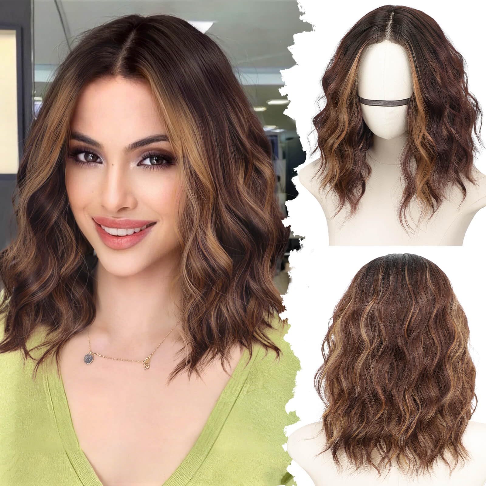 Photo 1 of Starmo Brown Highlights Short Wavy Bob Glueless Synthetic Fiber Lace Front Wigs for Women Pre Cut for Beginners Natural Hairline 14 Inch