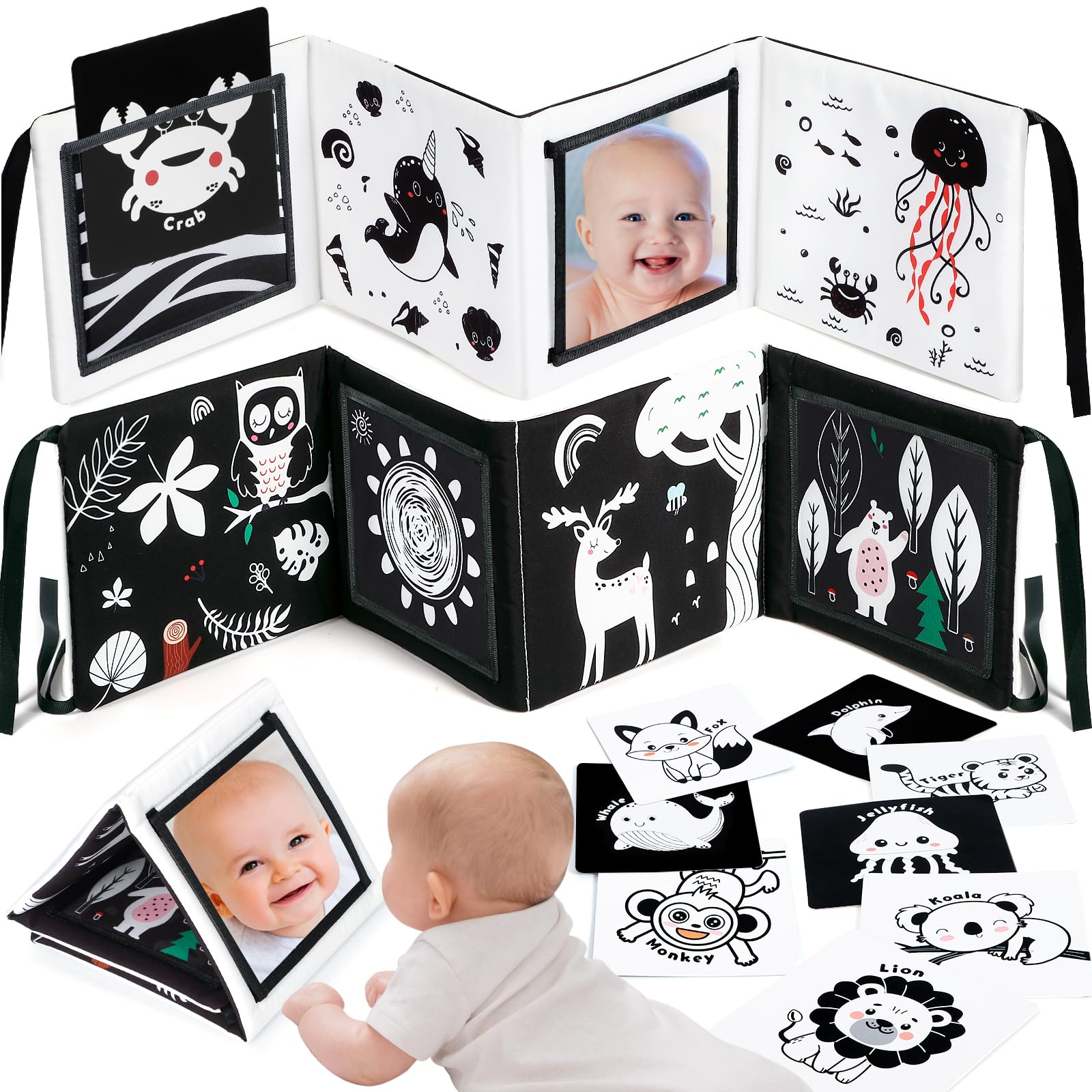 Photo 1 of URMYWO Tummy Time Mirror Toys, High Contrast Black and White Baby Toys for Newborn, Baby Boy Girl Gifts, Visual Stimulation Learning Activity Cards, Soft Baby Book, Montessori Infant Toys 0-12 Months