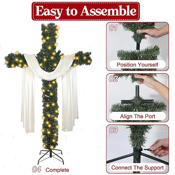 6FT ARTIFICIAL CHRISTMAS CROSS TREE WITH A STRING LIGHTS AND A WHITE SILK SCARF CHRISTMAS EASTER DECORATIONS JESUS CHRIST CATHOLIC CROSS DECOR HE IS RISEN DECORATIVE CROSS TREE FOR OUTDOOR HOME DECOR