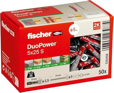 Fischer DuoPower 5 x 25 S Set 50 Plugs 50 Screws Universal Plug