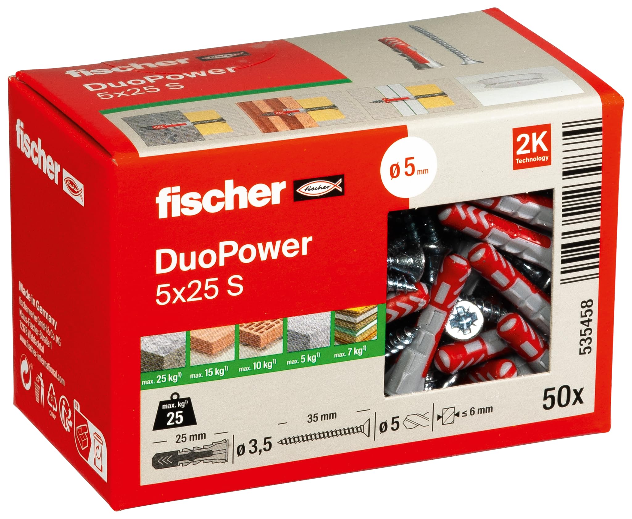 Fischer DuoPower 5 x 25 S, Powerful Universal Plug with Safety Screw, Intelligent 2-Component Technology for fastenings in Concrete, Bricks, Stone, Gypsum plasterboard, etc., 50 Plugs & 50 Screws