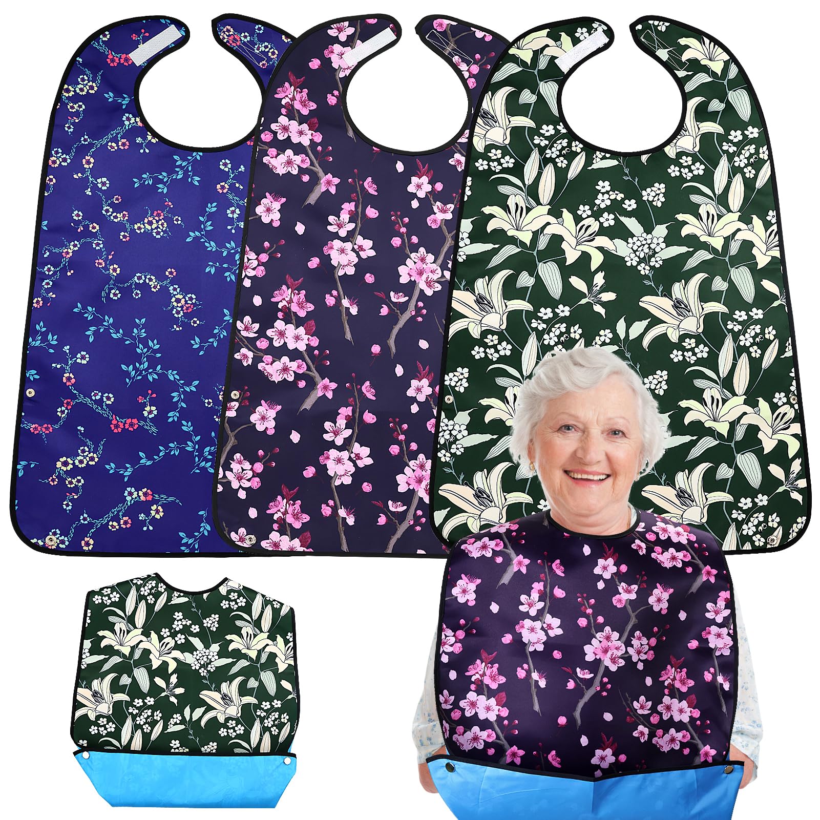 EASYKEENECOM Adult Bibs For Elderly Women, 3pcs Dinning Bibs For Adults Senior Citizens Washable, Reusable Mealtime Clothing Protectors with Crumb Catcher