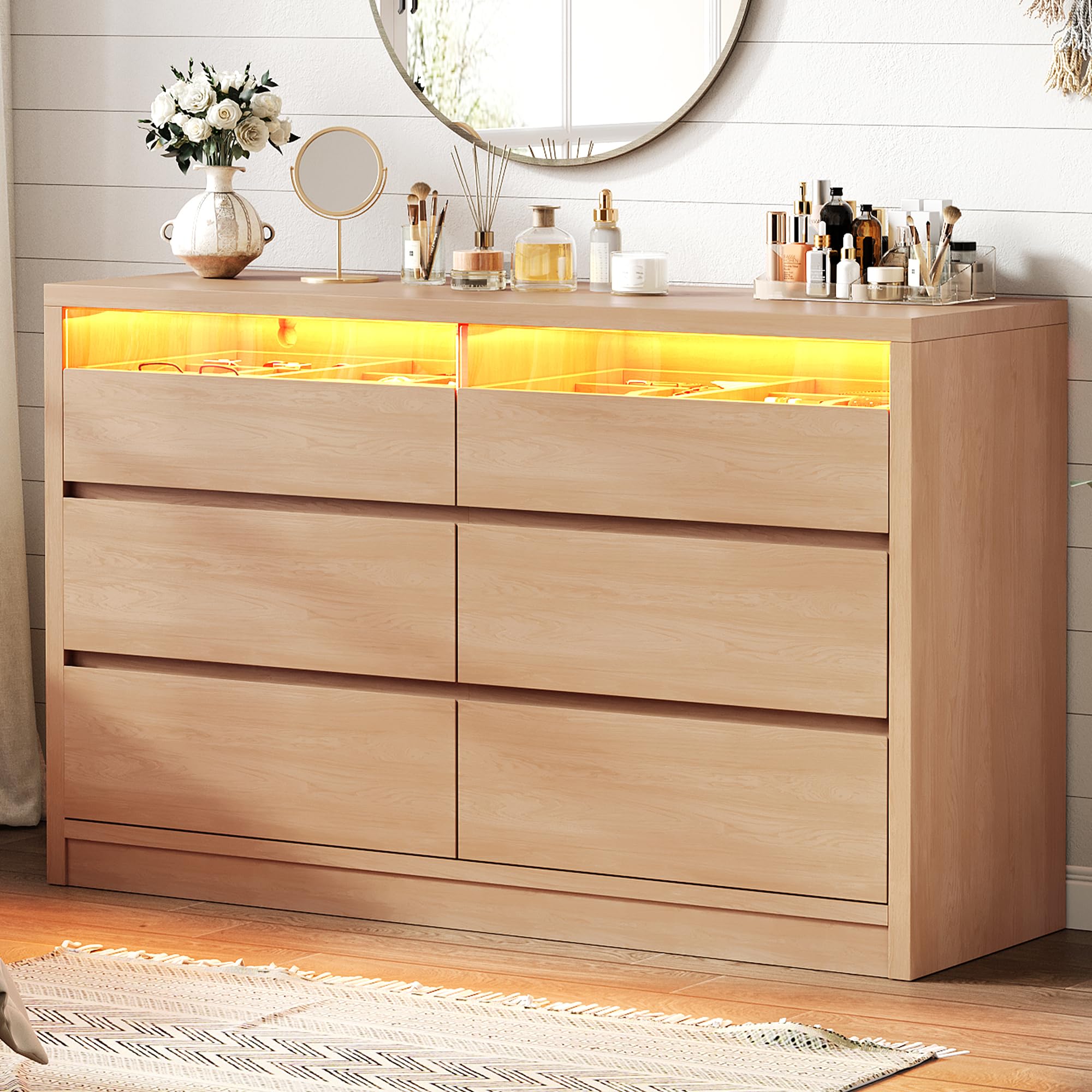 Photo 1 of **INCOMPLETE SET/MISSING ASSEMBLY PIECES** Jocoevol Modern 6 Drawer Dresser for Bedroom with LED Light, Large Chest of Drawers with Hidden Handles, Double Wooden Dresser Closet for Living Room, Entryway, Hallway - Natural Wood