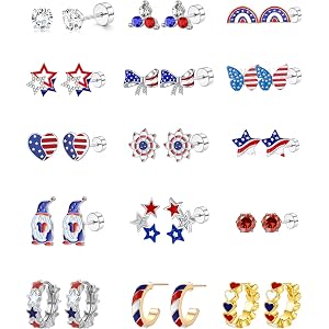4th of July Patriotic Earrings for Women Girls kids - 15 Pairs American Flag Red White and Blue Flat Back Stud Earrings for I