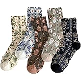 DXYAKY Women’s Floral Embroidered Crew Socks, 5 Pairs Vintage Novelty Ruffle Cotton Dress Socks, Elegant Breathable Cute Girl