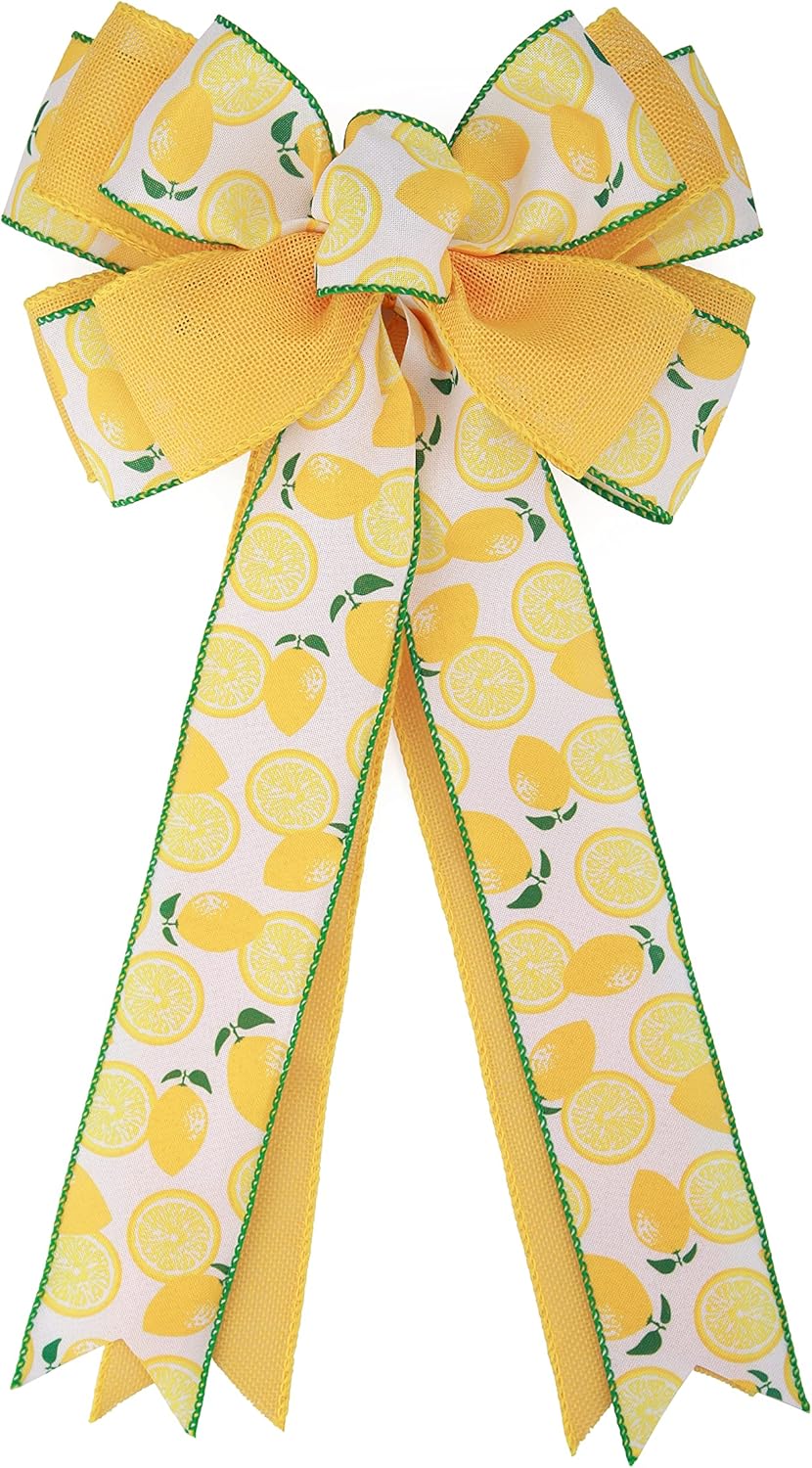 Bows & Ribbons - Meseey 1 Pcs Lemon Yellow White Green Fruit Wreath Bow 20x10 Inch DIY Crafts Rustic Bows Ornaments for Summer Holiday Tree Topper Lemon Theme Party Decorations (Lemon)