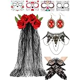 5 Pcs Day of the Dead Costumes for Women, Dia De Los Muertos Headpiece Set | Flower Headpiece,Lace Choker,Gloves,Earrings,Tattoos, Dia De Los Muertos Costume, Halloween Cosplay Party Accessories Set