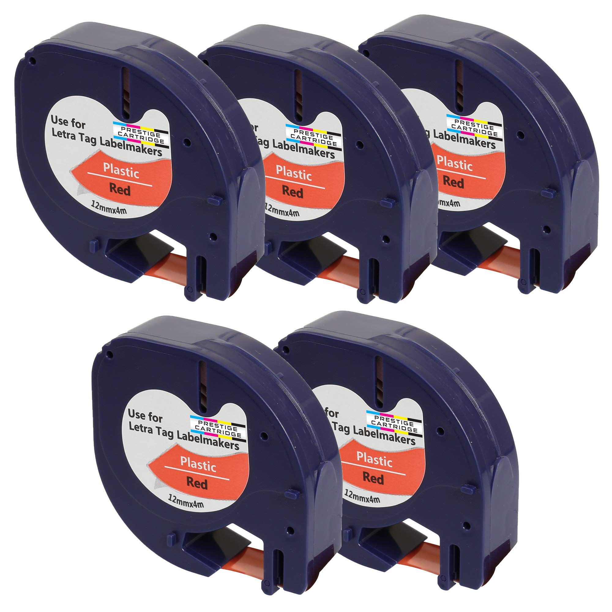 Prestige Cartridge 5 x Compatible Plastic Tapes 91203 S0721680 S0721630 Black on Red (12mm x 4m) Replacement for LetraTag LT110T, LT100H, LT100T, QX50, XR Label Makers
