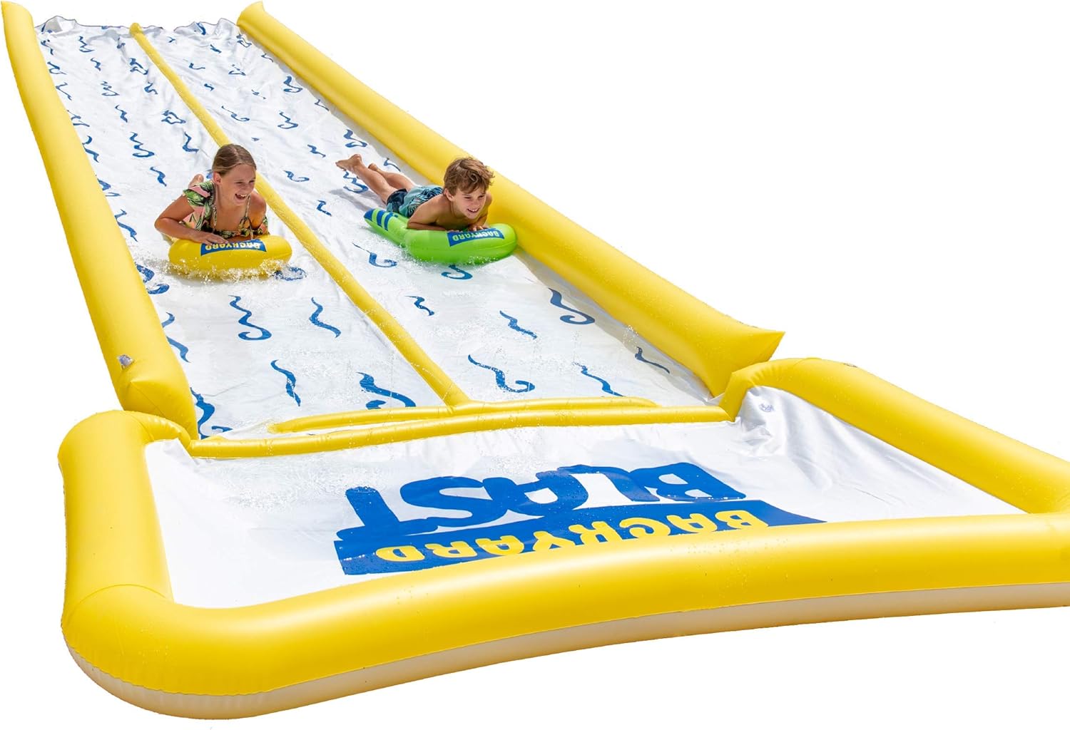 BACKYARD BLAST - 30' Waterslide with Bumpers and Splash Zone, 2 Inflatable Riders and Hand Air Pump - Easy to Setup - Extra Thick to Prevent Rips & Tears: Toys & Games