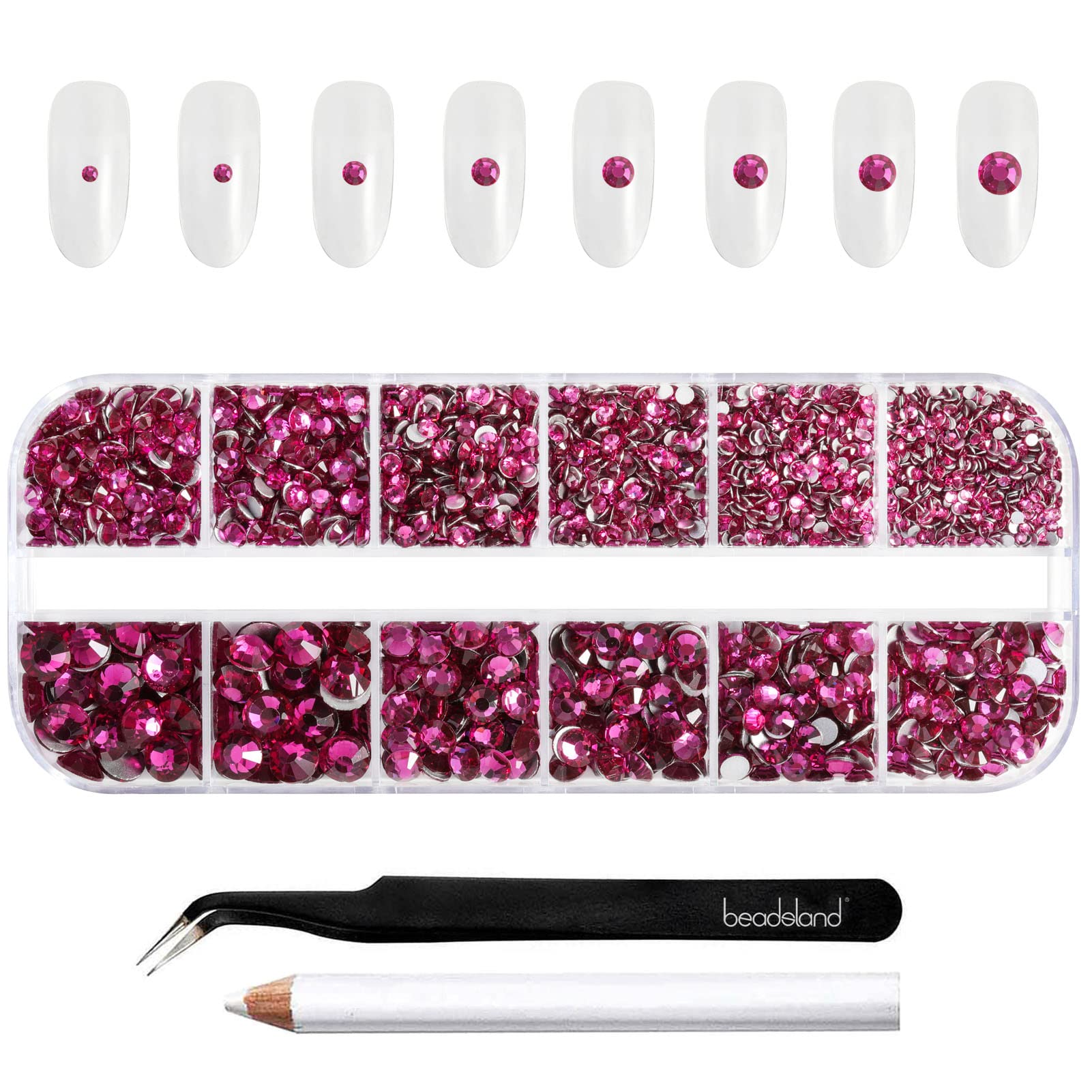 Beadsland Rhinestones for Makeup,8 Sizes 2500pcs Glass Flatback Rhinestones Eye Gems for Nails Crafts with Tweezers and Wax Pencil,Fuchsia,SS4-SS30 — image 1
