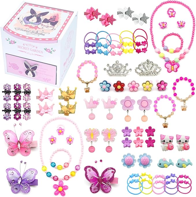 Amazon Elesa Miracle 子供用木製ジュエリーボックス 75個 女の子プリンセスジュエリー ドレスアップアクセサリー おもちゃプレイ セット リング 指輪 おもちゃ