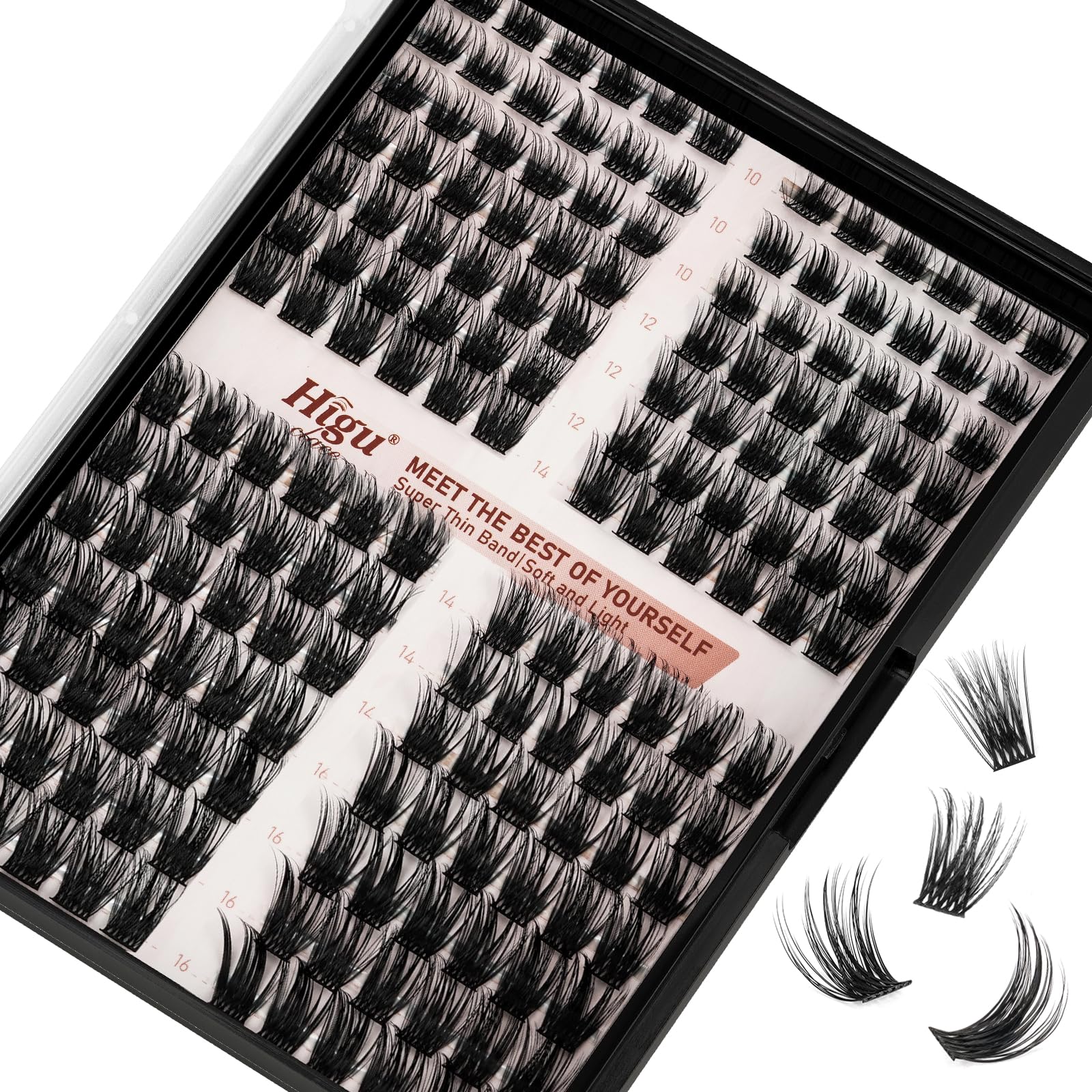 Higu clace Lash Clusters, 168pcs Individual False Eyelashes, Mix10-16mm D Curl Reusable Mega Volume Look Eyelashes, Super Thin Soft Band, Lash Extensions DIY at Home - Bushy D Curl 10-16mm — image 1