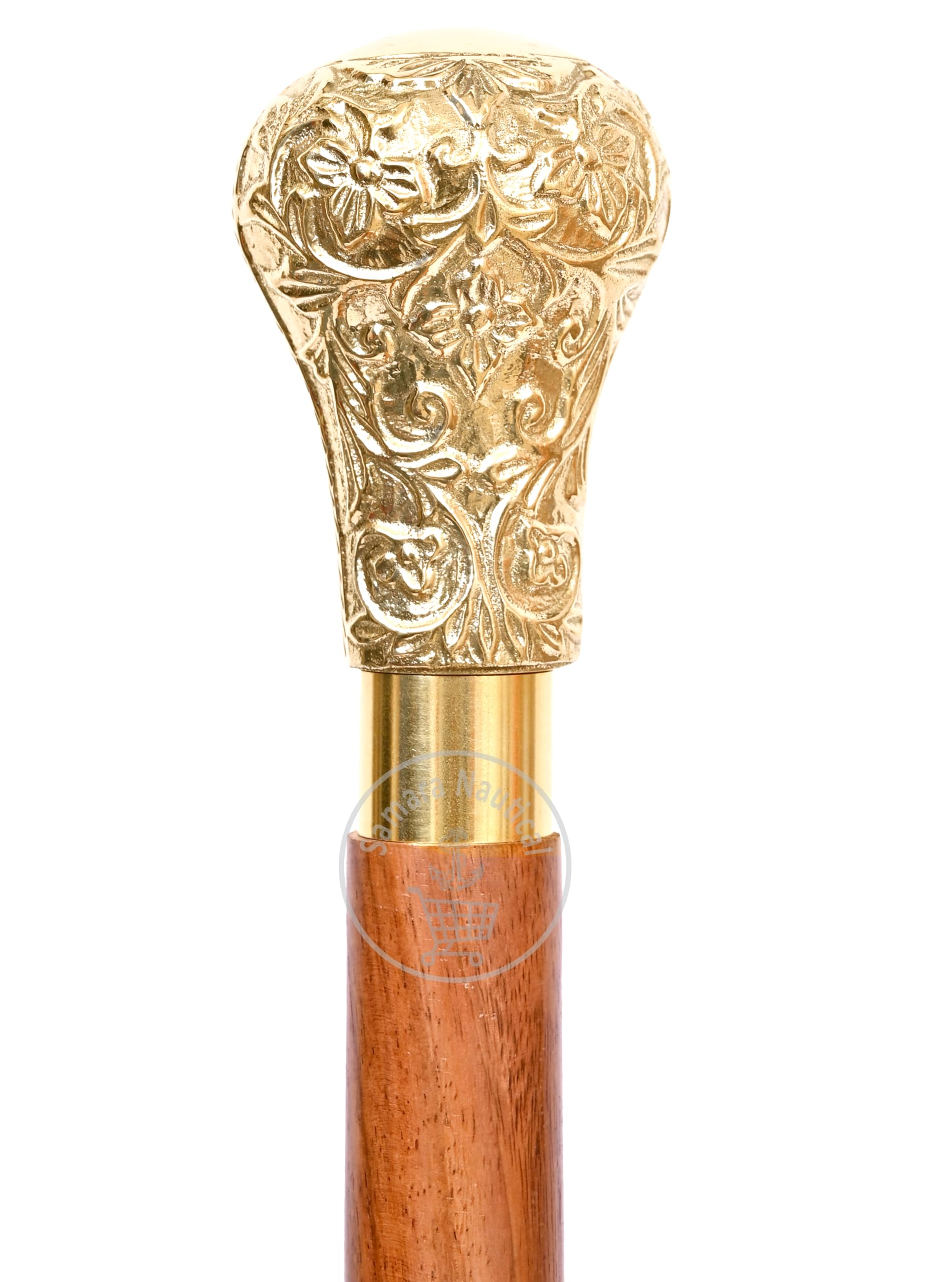 Samara Nautical Brass Handle 37.4 Sticks in Natural Wood Elegant Walking Cane