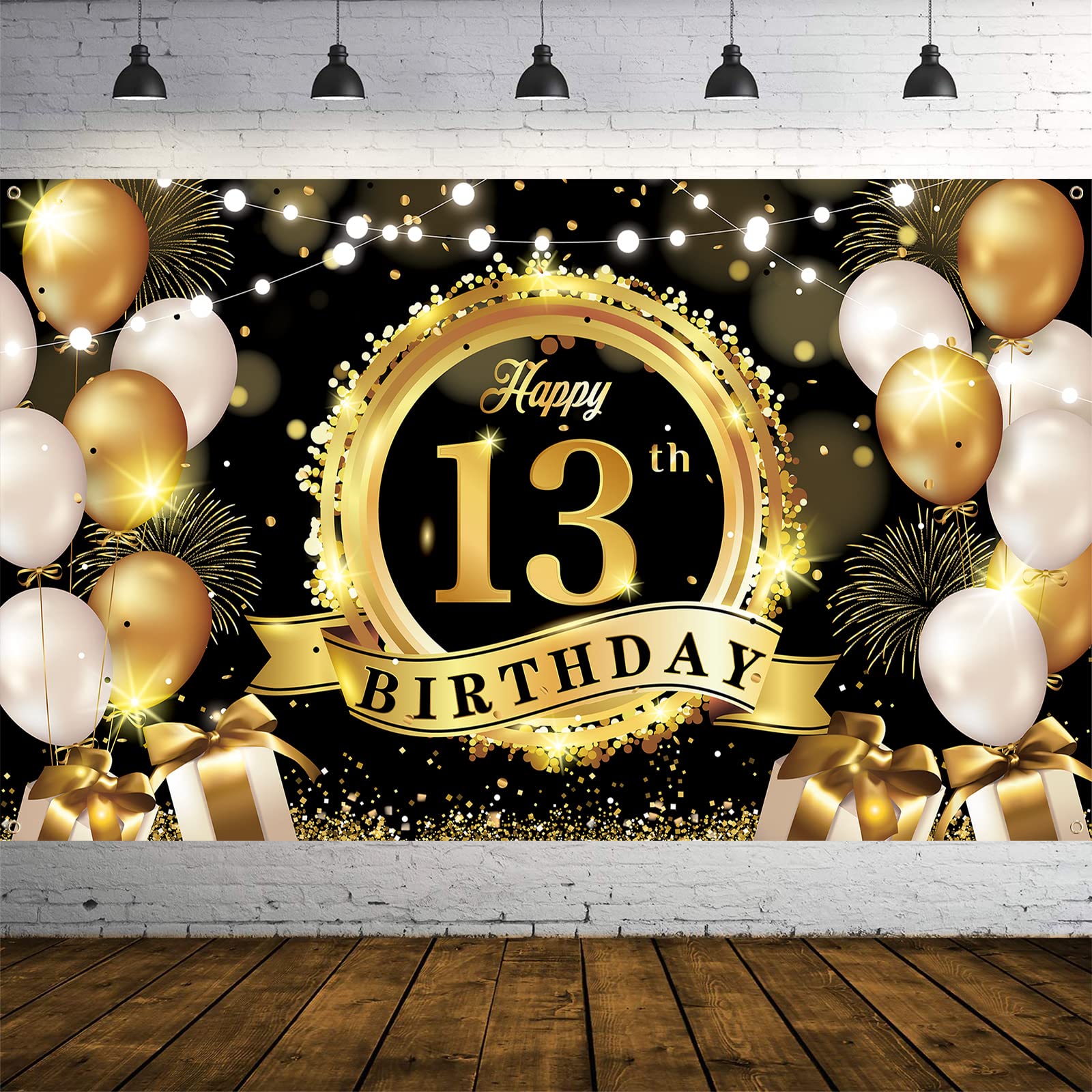 13th Birthday Party Decorations, 13th Black Gold Birthday Backdrop Banner Photo Booth Sign Decoration, Large Thirteen Birthday Banner Background for Boys Men 13th Birthday Anniversary Party Supplies