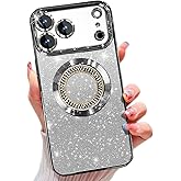 Misscase for iPhone 17 Pro Magnetic Glitter Case Compatible with MagSafe,Full Protection Slim Shockproof Anti-Scratch Case with Camera Lens Protector Plating Bling Dust-Proof Net Silver