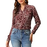 Allegra K Women's Dressy Casual Floral V Neck Top Long Sleeve Trendy Work Button Up Chiffon Blouse