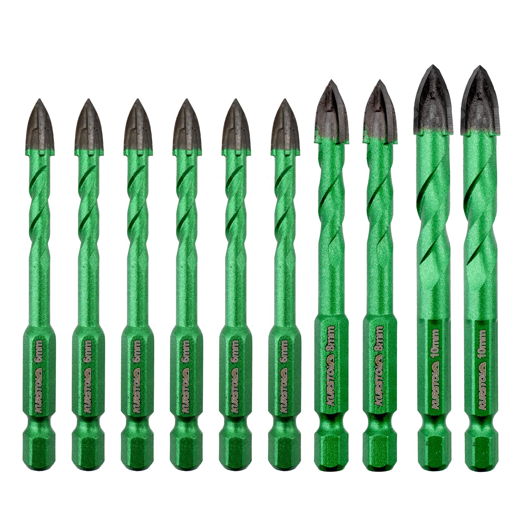KURSTOL Masonry Drill Bits Set - 10pcs 6mm*6/8mm*2/10mm*2 Tungsten Carbide Tip Tile Drill Bit for Porcelain Tile Concrete Brick Glass Wood Ceramic, Quick Change Shank — image 1