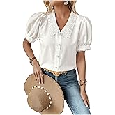 SweatyRocks Women's Puff Short Sleeve Collar Button Front Blouse V Neck Contrast Lace Shirt Tops