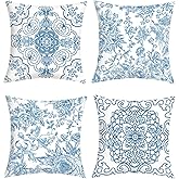 Joymaison Blue and White Porcelain Floral Throw Pillow Covers 18x18 Inch Set of 4 Vintage Flowers Birds Chinoiserie Cushion Covers Home Decor for Sofa Couch Bed Cushion Cases