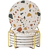 Absorbent Terrazzo Drink Coasters with Holder, Set of 6 Ceramic Stone Coasters for Drinks, Water-Absorbing Coffee Coasters for Coffee Table Decor (Sunset)