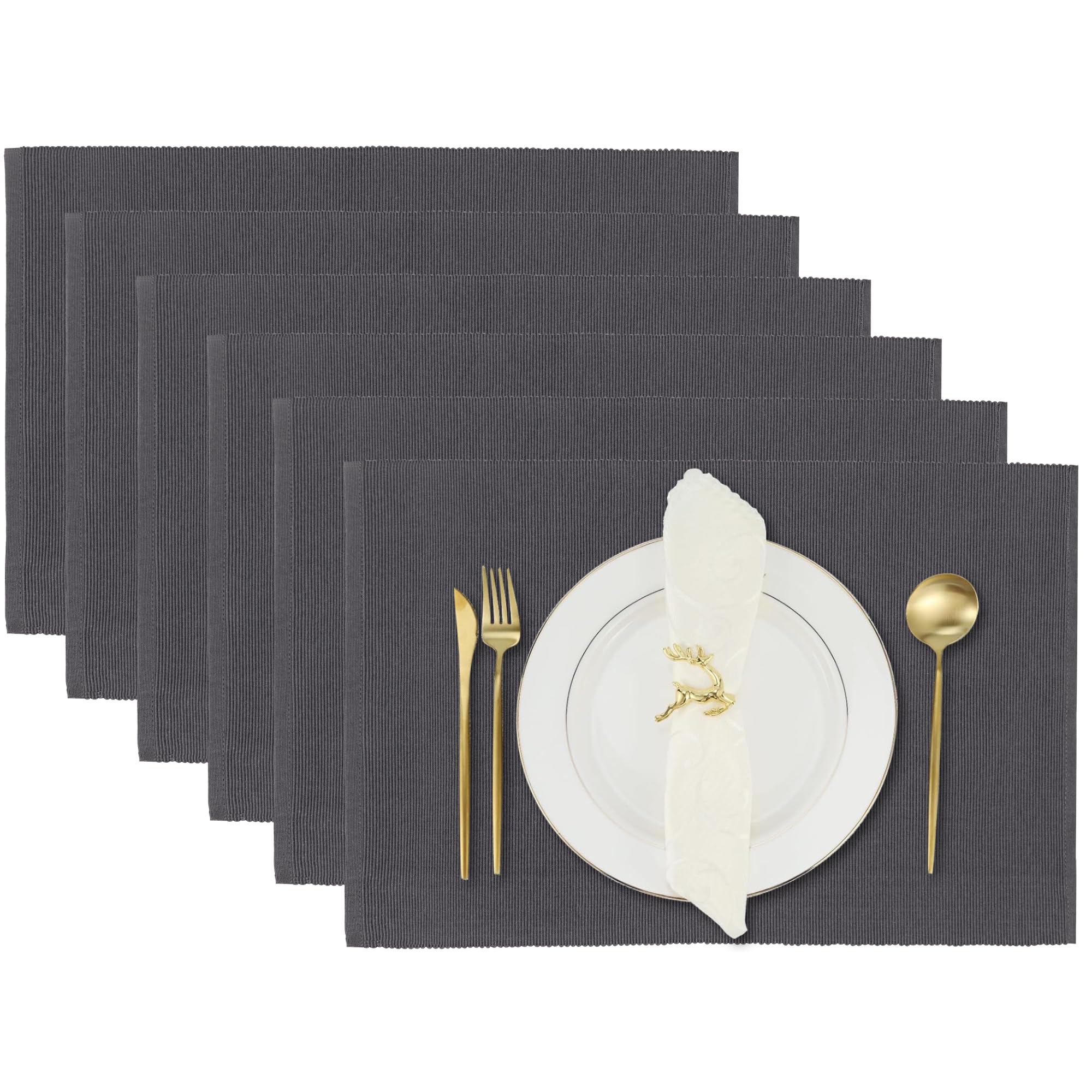 RAJRANG Charcoal Grey Dining Placemats 48 x 33 cm Set of 6 Fine Ribbed Cotton Kitchen Dinner Table Mat for Home Kitchen Cafe Restaurant — image 1