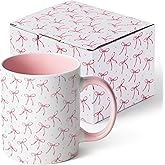 R HORSE Pink Bow Coffee Cup - 11.2oz Watercolor Ceramic Coffee Mug, Cute Coquette Tea Milk Cup for Office and Home, Aesthetic Christmas Birthday Gifts for Girls Teens Women Friends Mom