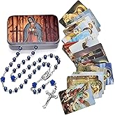 SZQCZB Rosary Beads Catholic Necklace Holy Soil Medal Cross Crucifix with Metal Box and 18pcs Prayer Cards