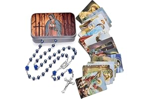 SZQCZB Rosary Beads Catholic Necklace Holy Soil Medal Cross Crucifix with Metal Box and 18pcs Prayer Cards
