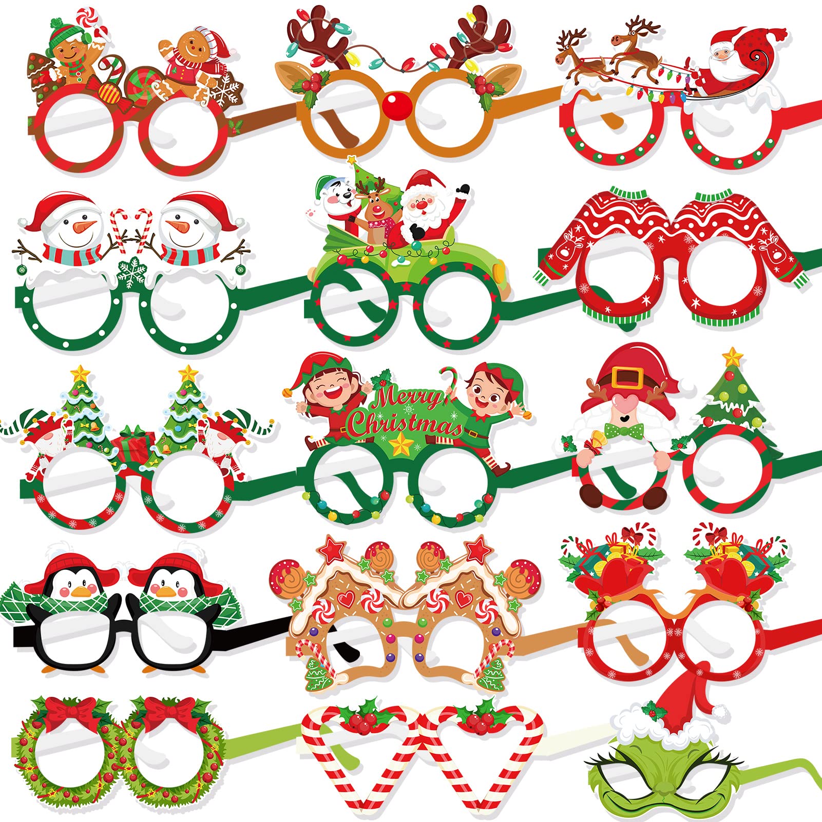 DPKOW 30pcs Paper Merry Christmas Party Glasses, Funny Photo Booth Prop for Christmas Favor Costume Accessories, Tree Wreath Santa Snowman Penguin Dwarf
