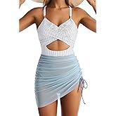 EVOCRCO Women's Mesh One Piece Swimdress V Neck Cutout Swim Dresses Bathing Suit Wrap Sarong Swimwear