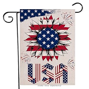 Artofy USA July 4th Sunflower Decorative Garden Flag, House Yard Decor Red White Blue Stars Stripes Outdoor Small Burlap Flag Double Sided, Summer Home Outside Welcome Patriotic Decoration 12 x 18