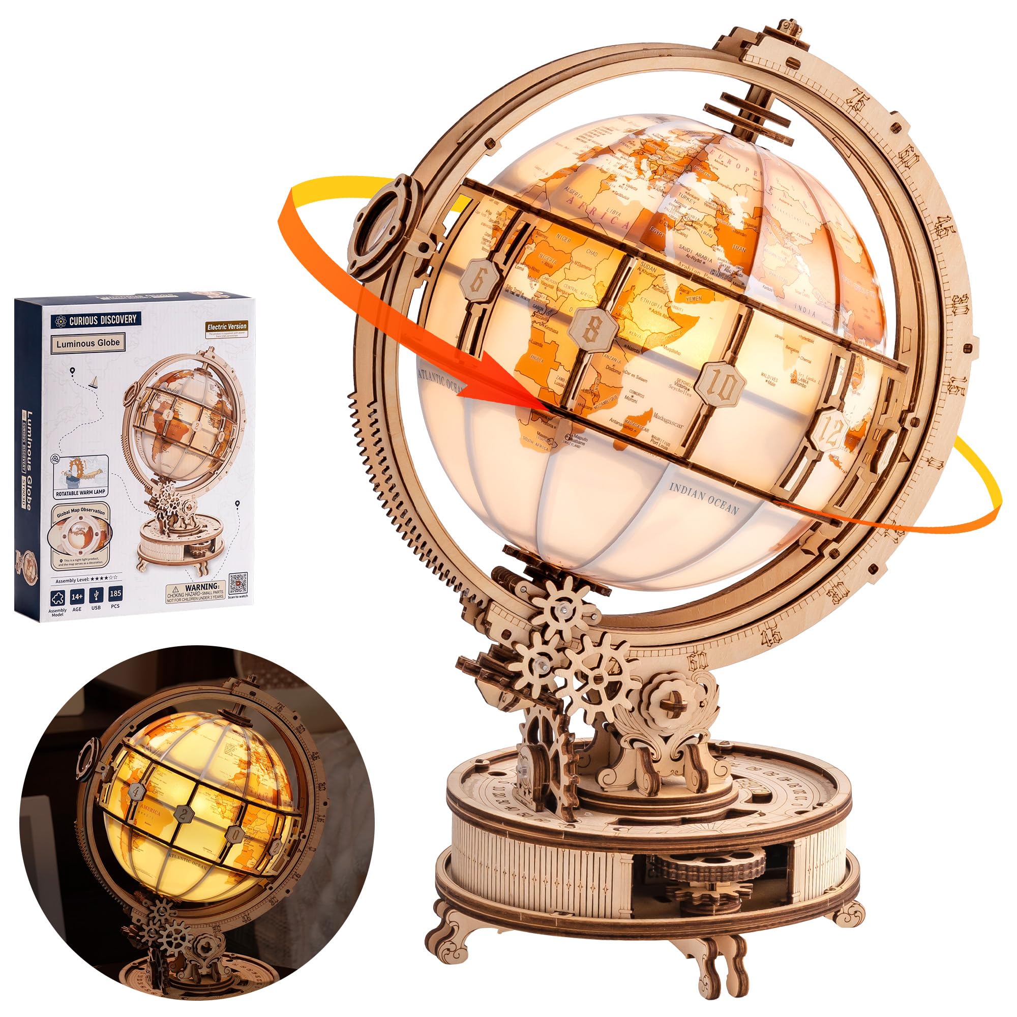 Robotime 3D Wooden Puzzle for Adults – Lighted Rotating Globe Model Kit with LED Light, Mechanical Wooden Building Set, DIY Craft Gift Puzzle Lovers, Night Light (Auto-rotate)