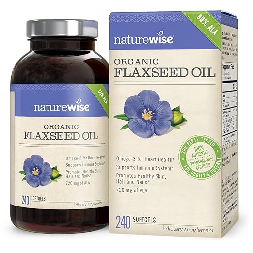 NatureWise Organic Flaxseed Oil 1200mg with 720 mg ALA, Omegas 3-6-9 for Cardiovascular Health & Immune Support, Promotes Healthy Skin, Nails & Hair, Non-GMO, 240 softgels