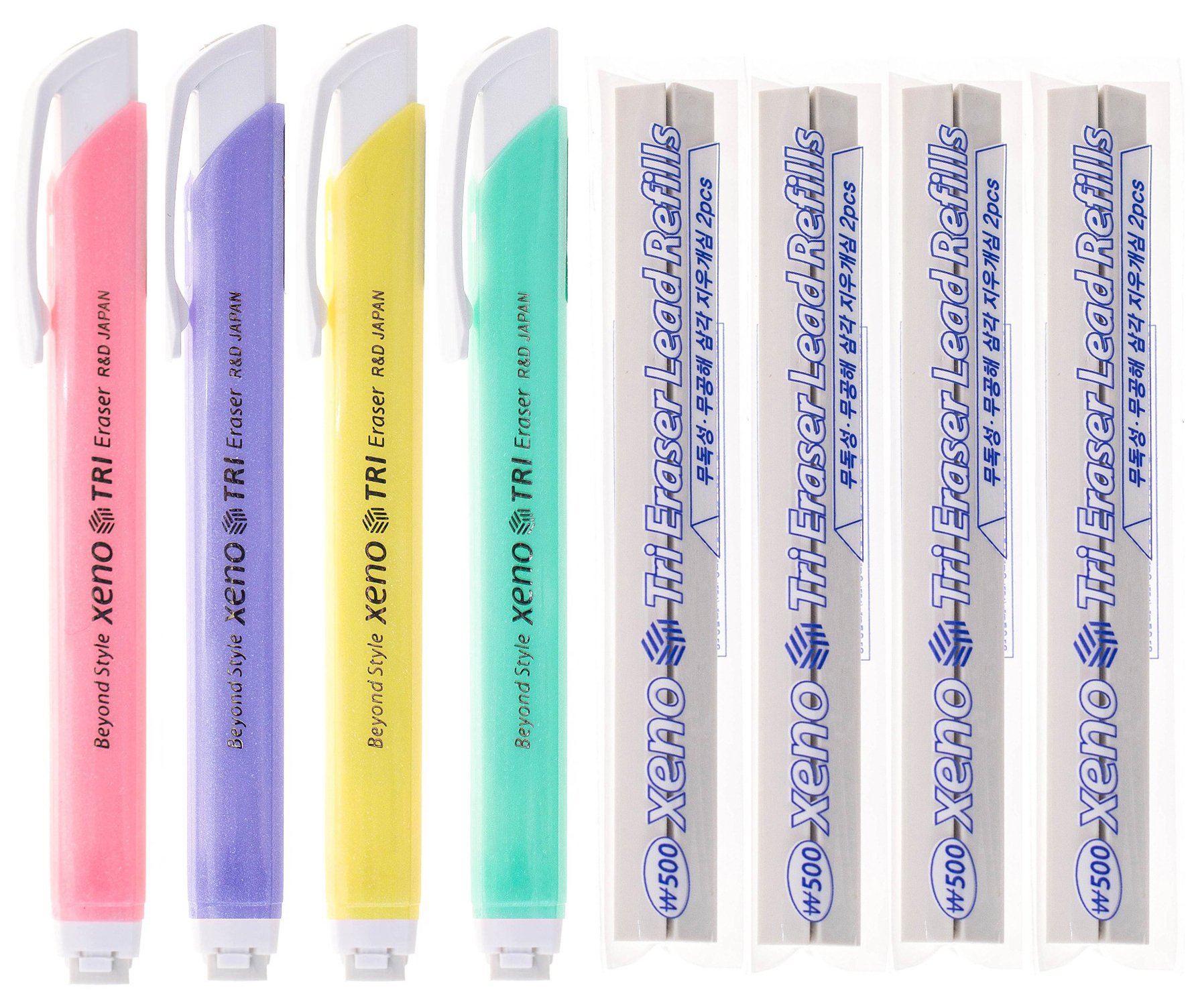 Xeno Tri-II Retractable Click Eraser Bundle with Refill, Assorted Colors by Xeno