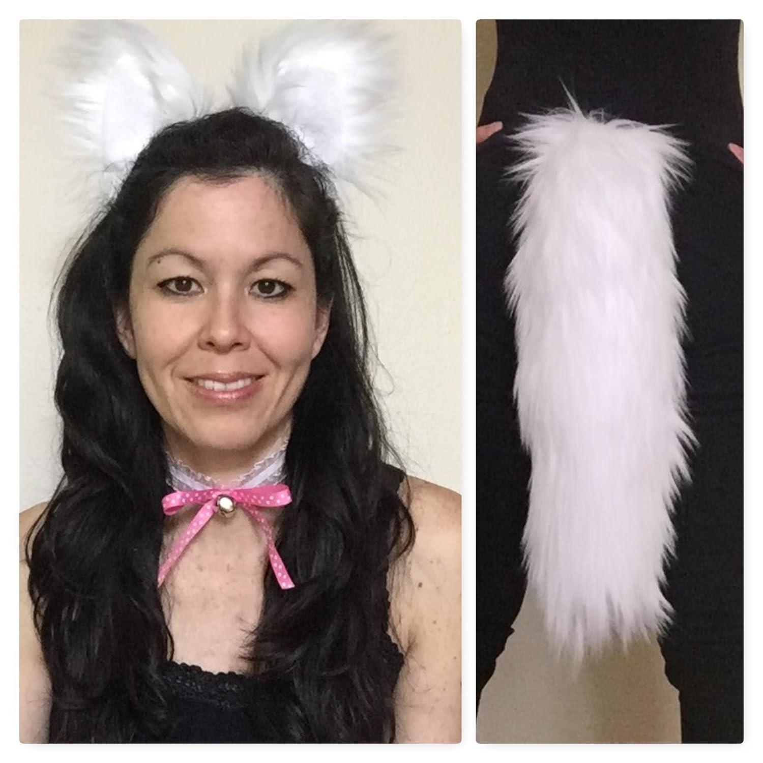 Amazon Com Cosplay White Cat Ears Faux Fur Tail Pink Polka Dots