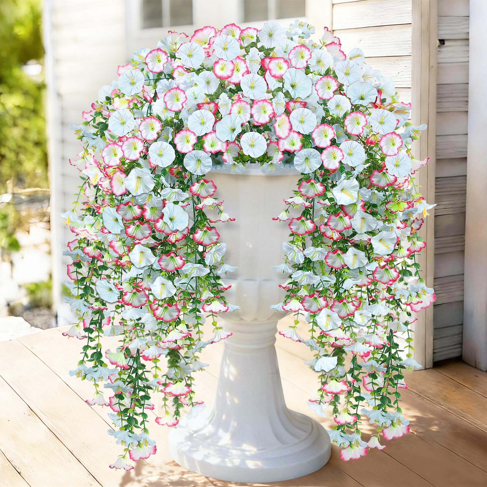 Julako Artificial Hanging Flowers for Outdoors, 2 PCS 300 Blooms UV Resistant Morning Glory Faux Silk Vines, No-Odor Realistic Fake Plants for Garden Planter Porch Patio Decoration, Blue & White