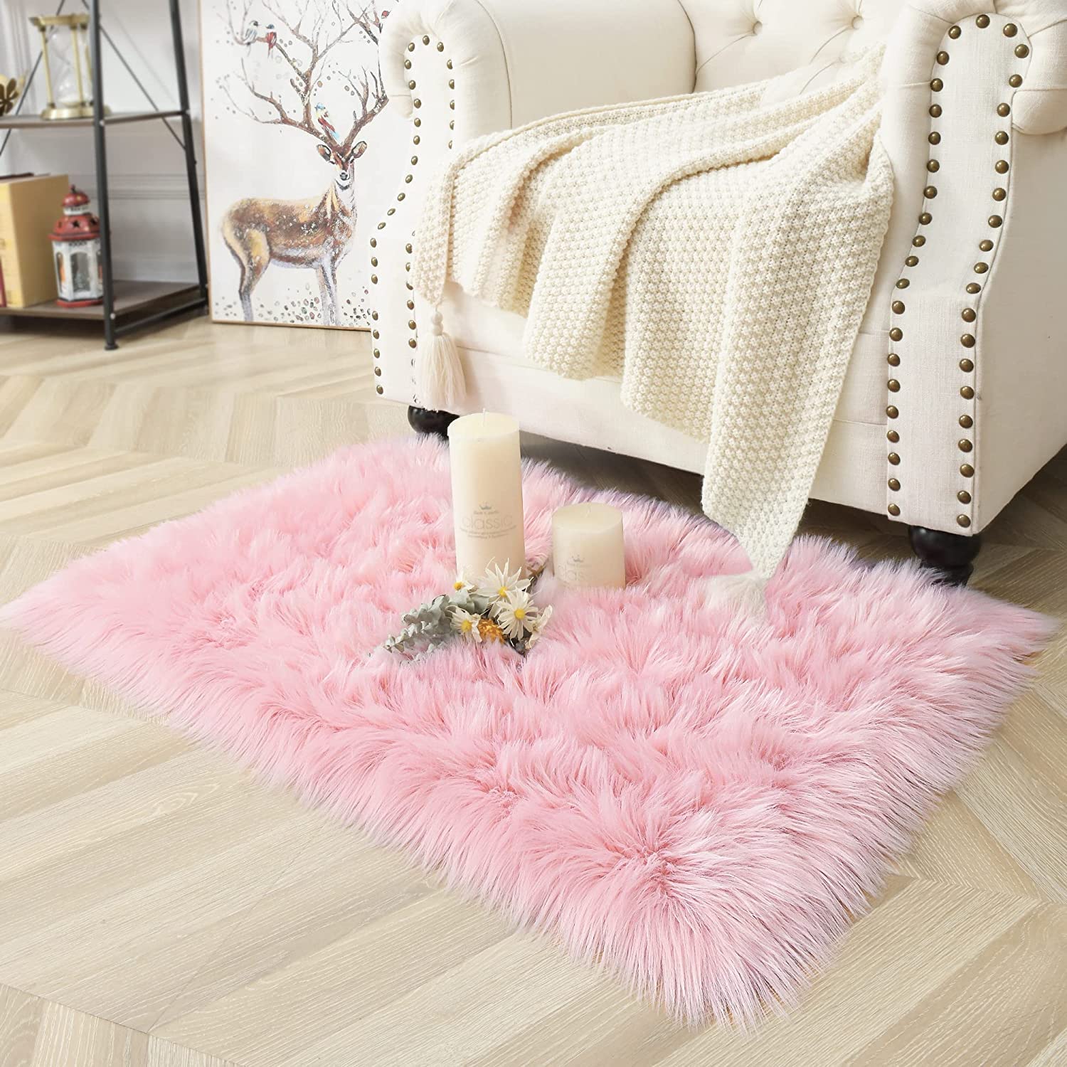 HLZDH Faux Lambskin Rug Luxurious Soft Artificial Wool Carpet for Living Room Bedroom Bathroom Sofa Chair Cushion (Rectangular Pink, 60 X 90 CM)