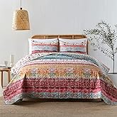 Boho Style Twin Size Quilt Set Reversible Bohemian Floral Strip Quilt Beddding Set, Soft and Lightweight Bedspread for All Season,XL Twin Bed Coverlet with 1 Matching Pillow Sham (2 Pieces)