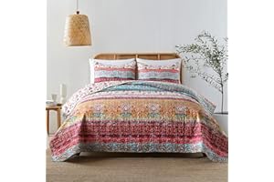 HORIMOTE HOME Boho Style Queen Quilt Set Reversible Bohemian Floral Strip Quilt Beddding Set, Soft and Lightweight Bedspread for All Season, Full Size Bed Coverlet with 2 Matching Pillow Shams (3 Pieces)
