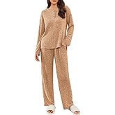 Ekouaer Womens Ribbed Knit Lounge Set Long Sleeve Henley Neck Top and Long Pants Two Piece Soft Sleepwear Matching Outfits
